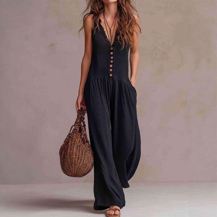 Olivenorma Sleeveless Ruffle Trim V-Neck Buttoned Front Relaxed Wide Leg Women's Set - Black - XXXL - image 4
