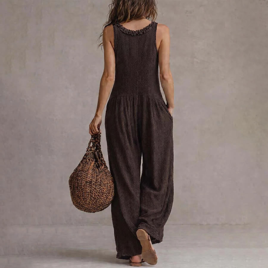 Olivenorma Sleeveless Ruffle Trim V-Neck Buttoned Front Relaxed Wide Leg Women's Set - image 3