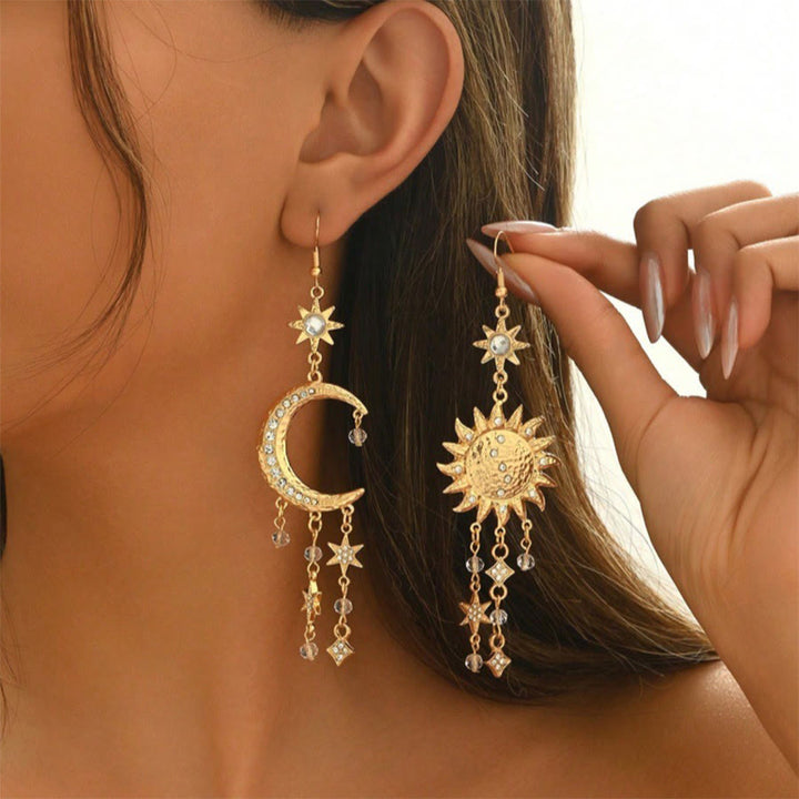 Olivenorma Bohemian Vintage Celestial Sun Moon Star Statement Dangle Earrings - Gold - image 5