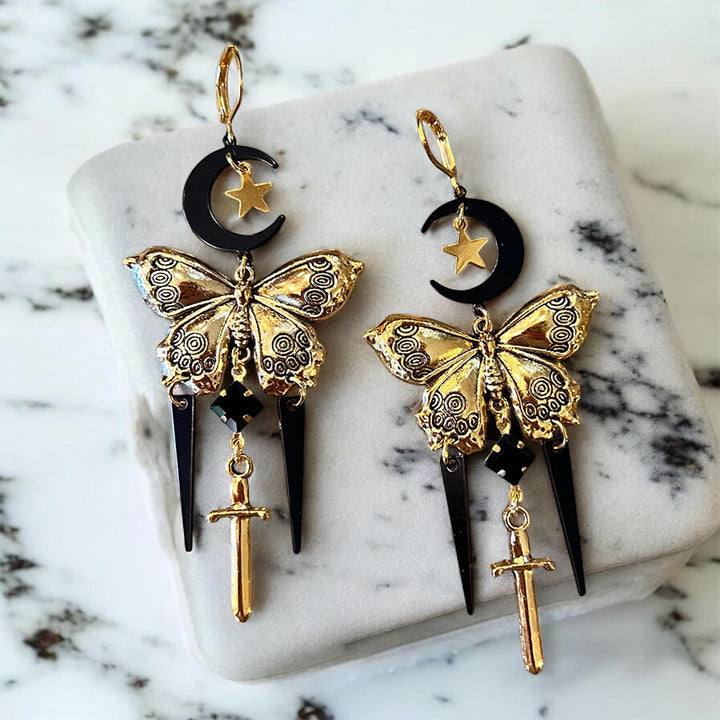 FREE Today: Witchy Boho Gothic Black and Gold toned Chandelier Butterfly Earrings - image 4