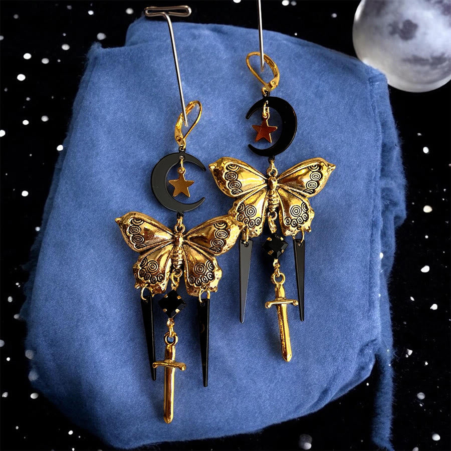 Olivenorma Gothic Mystical Butterfly Moon Sword Layered Tassel Earrings - image 3