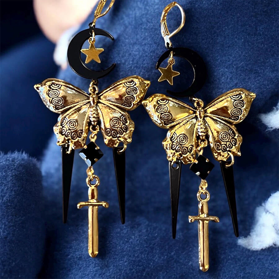 Olivenorma Gothic Mystical Butterfly Moon Sword Layered Tassel Earrings - Golden - image 0