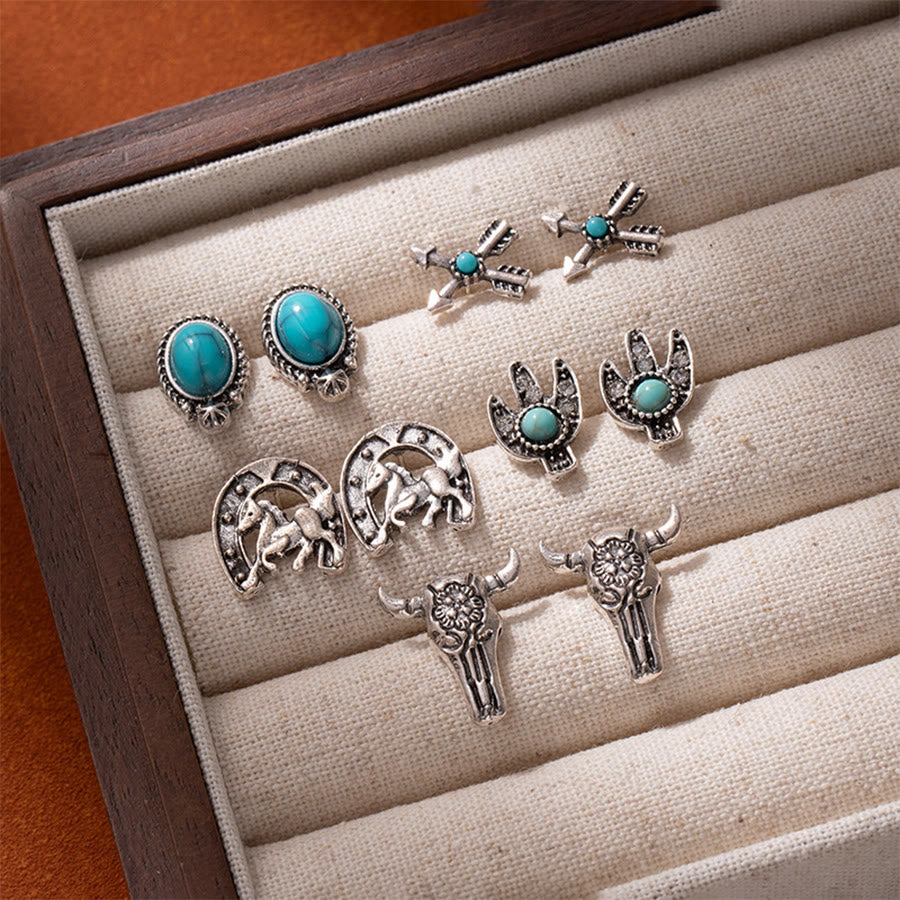 Olivenorma Western Boho Floral & Cowboy Inspired Multi-Design Earrings - Oval & Turquoise - image 2