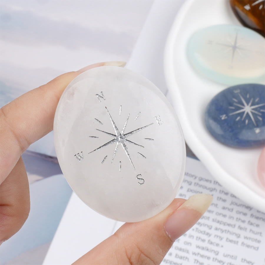 Olivenorma Natural Gemstone Compass Engraved Calming Worry Stone - Clear Quartz - image 29