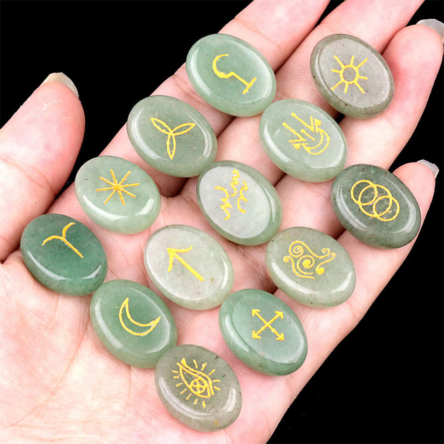 Olivenorma 13-Piece Natural Gemstone Witch Runes Engraved Worry Stone - Green Aventurine - image 5