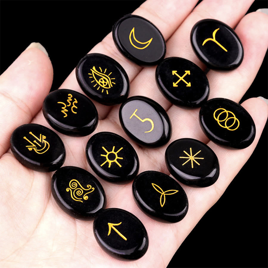 Olivenorma 13-Piece Natural Gemstone Witch Runes Engraved Worry Stone - Obsidian - image 11