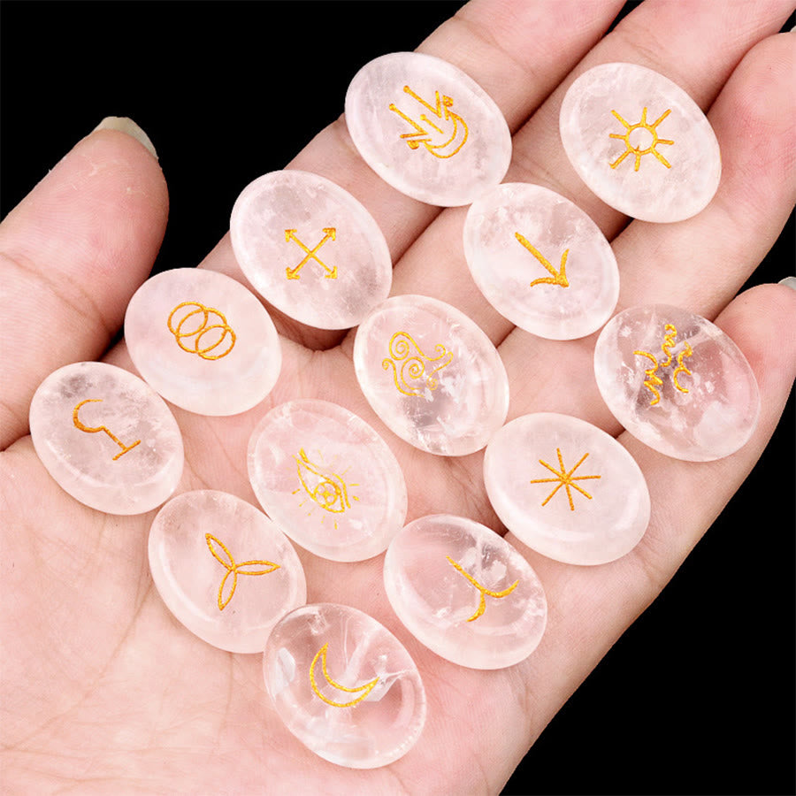 Olivenorma 13-Piece Natural Gemstone Witch Runes Engraved Worry Stone - Clear Quartz - image 14