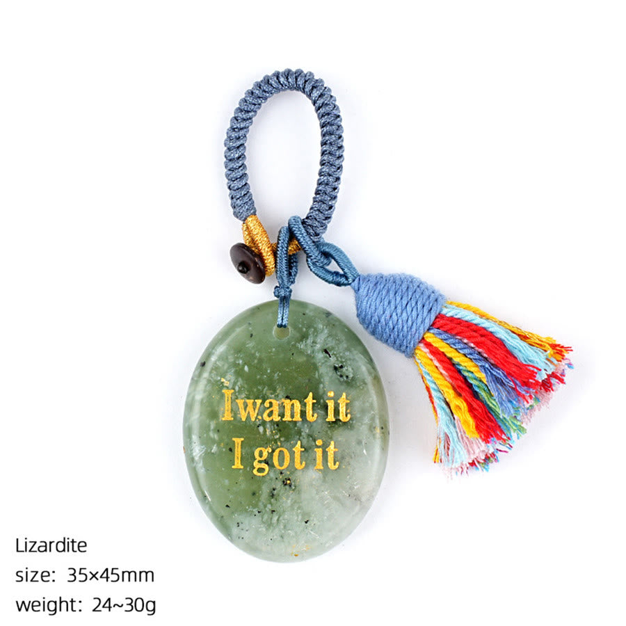 Olivenorma "I want it I got it" Engraved Natural Stone Tassel Worry Stone - Lizardite - image 13