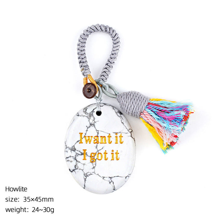 Olivenorma "I want it I got it" Engraved Natural Stone Tassel Worry Stone - Howlite - image 27