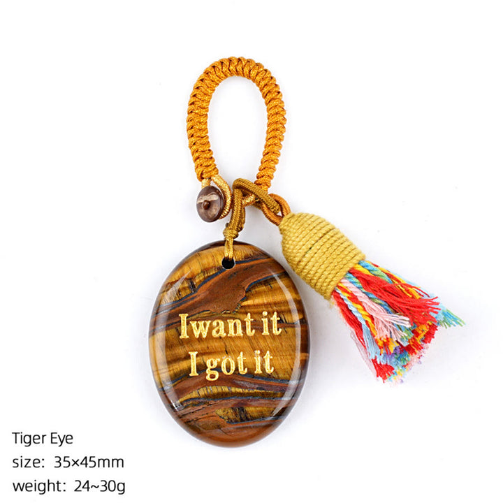Olivenorma "I want it I got it" Engraved Natural Stone Tassel Worry Stone - Tiger Eye - image 22