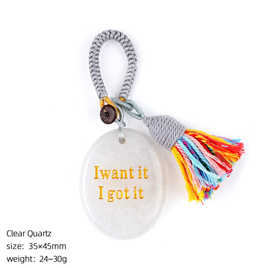 Olivenorma "I want it I got it" Engraved Natural Stone Tassel Worry Stone - Clear Quartz - image 29
