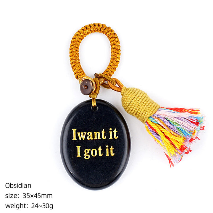 Olivenorma "I want it I got it" Engraved Natural Stone Tassel Worry Stone - Obsidian - image 1