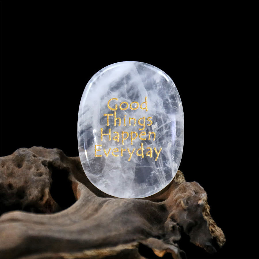 Olivenorma "Good Things Happen Everyday" Engraved Pocket Calming Worry Stone - Clear Quartz - Airbag Bracket &Gemstone - image 1
