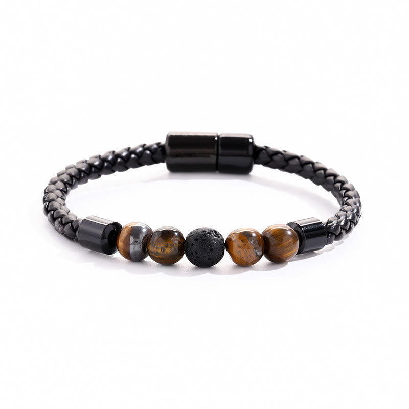 Olivenorma Natural Stone Bead Braided Leather Magnetic Closure Bracelet - Tiger Eye & Lava Stone - image 4