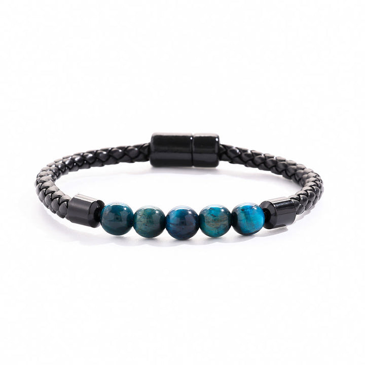 Olivenorma Natural Stone Bead Braided Leather Magnetic Closure Bracelet - Blue Apatite - image 21