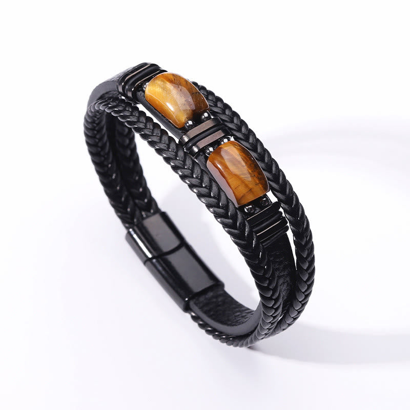 Olivenorma Handcrafted Braided Leather Natural Stone Magnetic Bracelet - Tiger Eye Double - 9in - image 4
