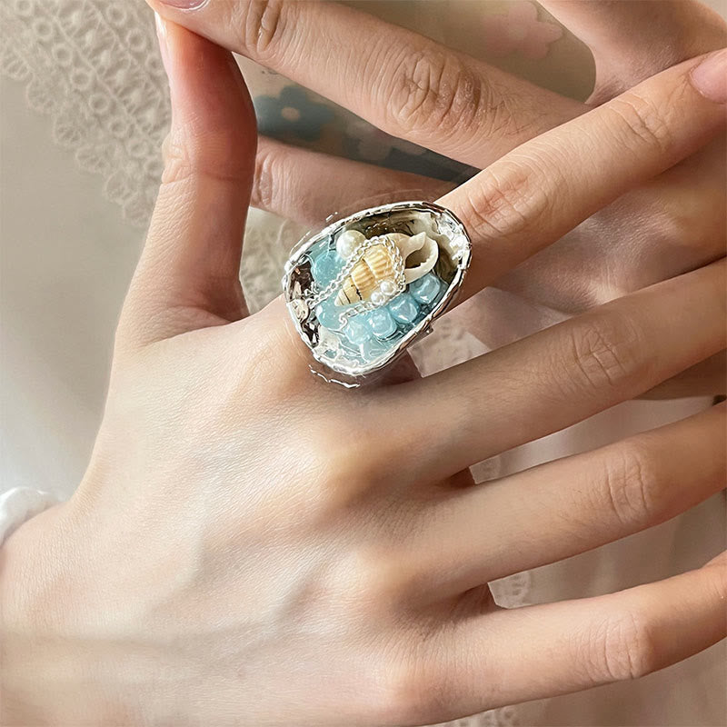 Olivenorma Beachy Conch and Beaded Crystal Adjustable Statement Ring - Smooth Band & Seashell - image 3
