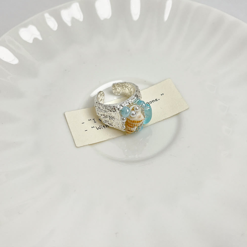 Olivenorma Beachy Conch and Beaded Crystal Adjustable Statement Ring - Hammered Band & Seashell - image 2