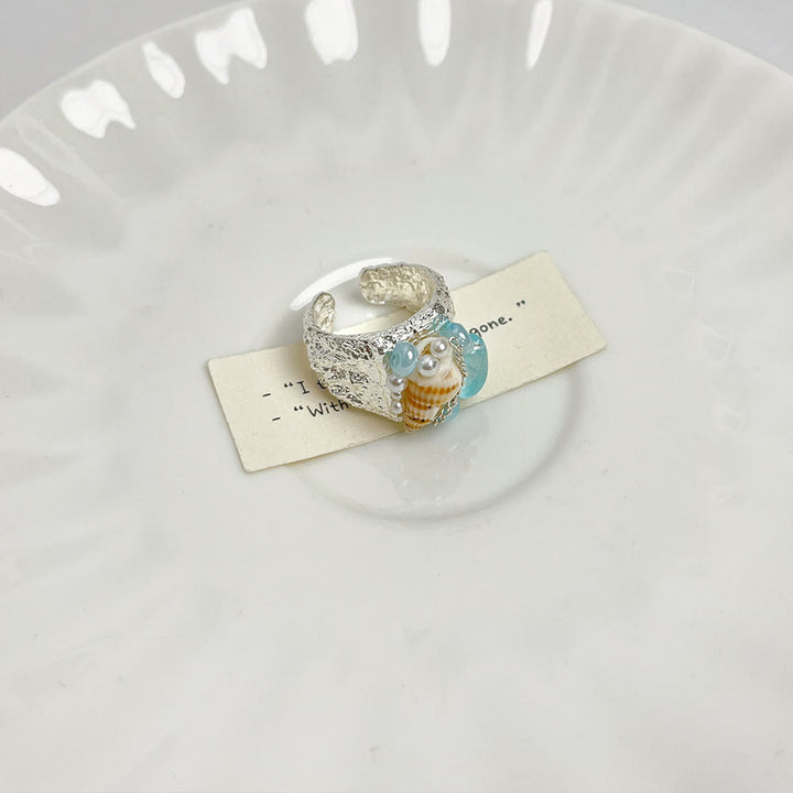 Olivenorma Beachy Conch and Beaded Crystal Adjustable Statement Ring - Hammered Band & Seashell - image 2