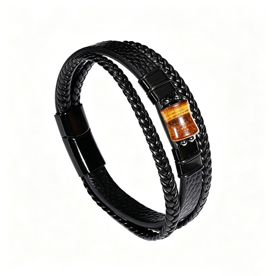 Olivenorma Handcrafted Braided Leather Natural Stone Magnetic Bracelet - Tiger Eye Bamboo - 9in - image 20