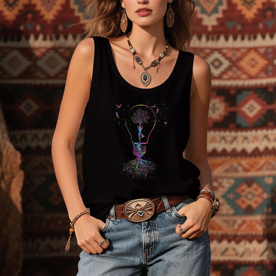 Olivenorma Idea Blooms Here Watercolor Yoga Tree & Lightbulb Women's Tank - image 5
