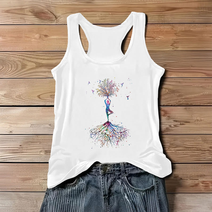 Olivenorma Tree Pose Soul Watercolor Yoga Figure with Hummingbirds Women's Tank - White - 3XL - image 2