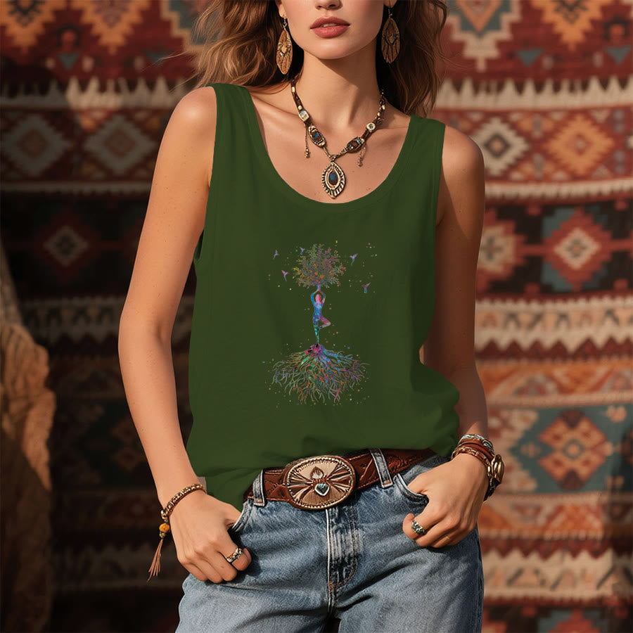 Olivenorma Tree Pose Soul Watercolor Yoga Figure with Hummingbirds Women's Tank - image 9