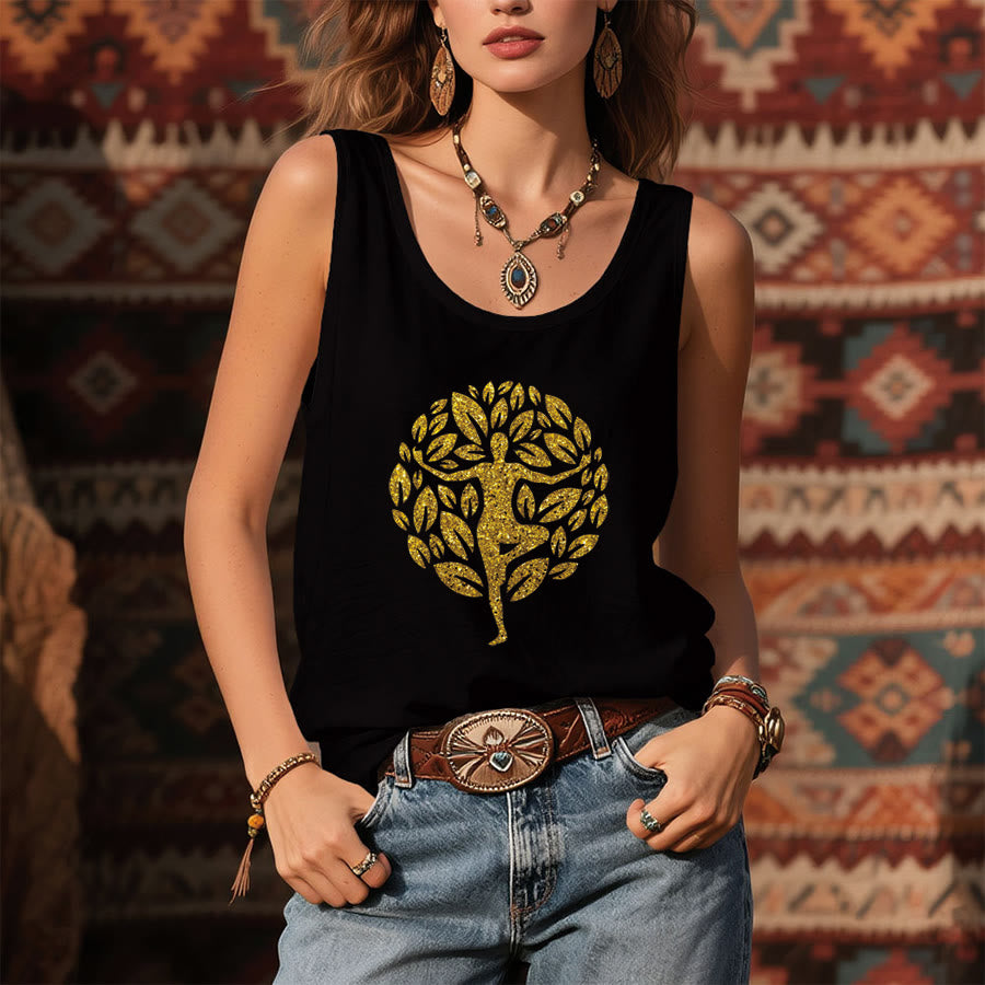 Olivenorma Golden Tree Pose Glitter Yoga Woman Tree of Life Women's Tank - image 5