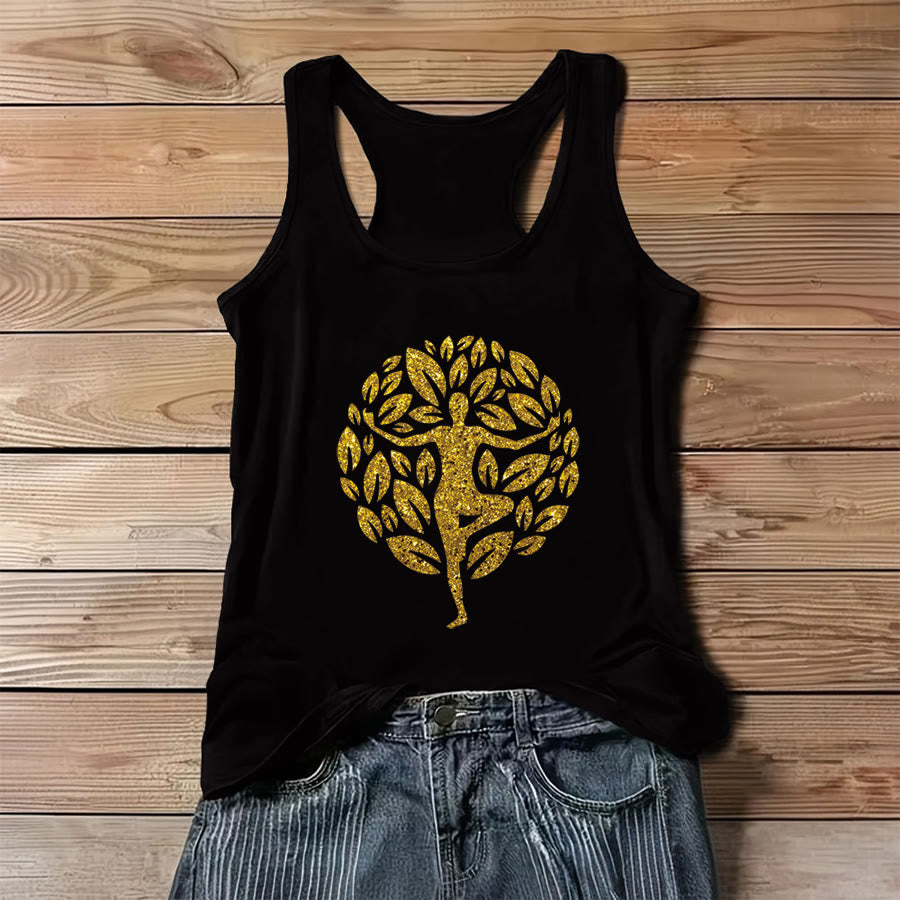 Olivenorma Golden Tree Pose Glitter Yoga Woman Tree of Life Women's Tank - Black - 3XL - image 4