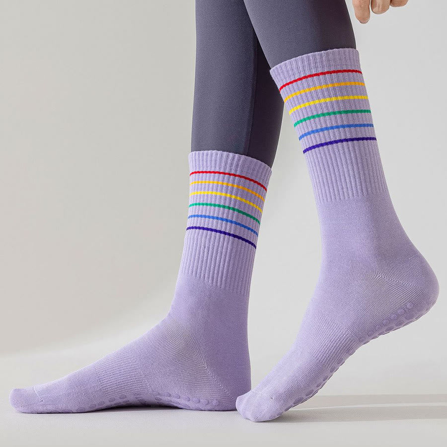 Olivenorma Rainbow Stripe Crew Length Non-Slip Shock Absorbing Women's Yoga Socks - image 17