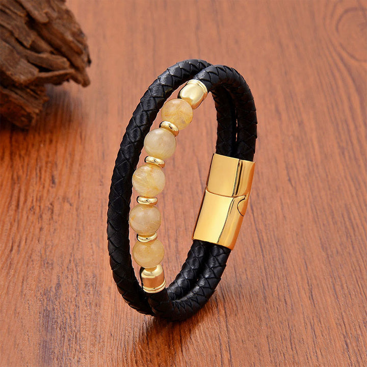 Olivenorma Ethnic Inspired Double Braided Leather & Natural Stone Bracelet - Gold Rutilated Quartz Gold Clasp - 23cm - image 5