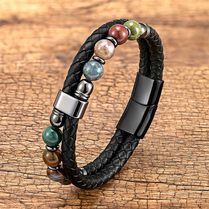 Olivenorma Casual Everyday Wear Braided Leather & Natural Stone Bracelet - Chakra Multi-Stone - 23cm - image 12