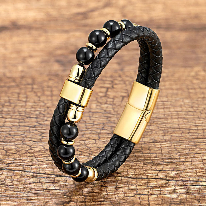 Olivenorma Casual Everyday Wear Braided Leather & Natural Stone Bracelet - Black Onyx & Tiger Eye - 21cm - image 8