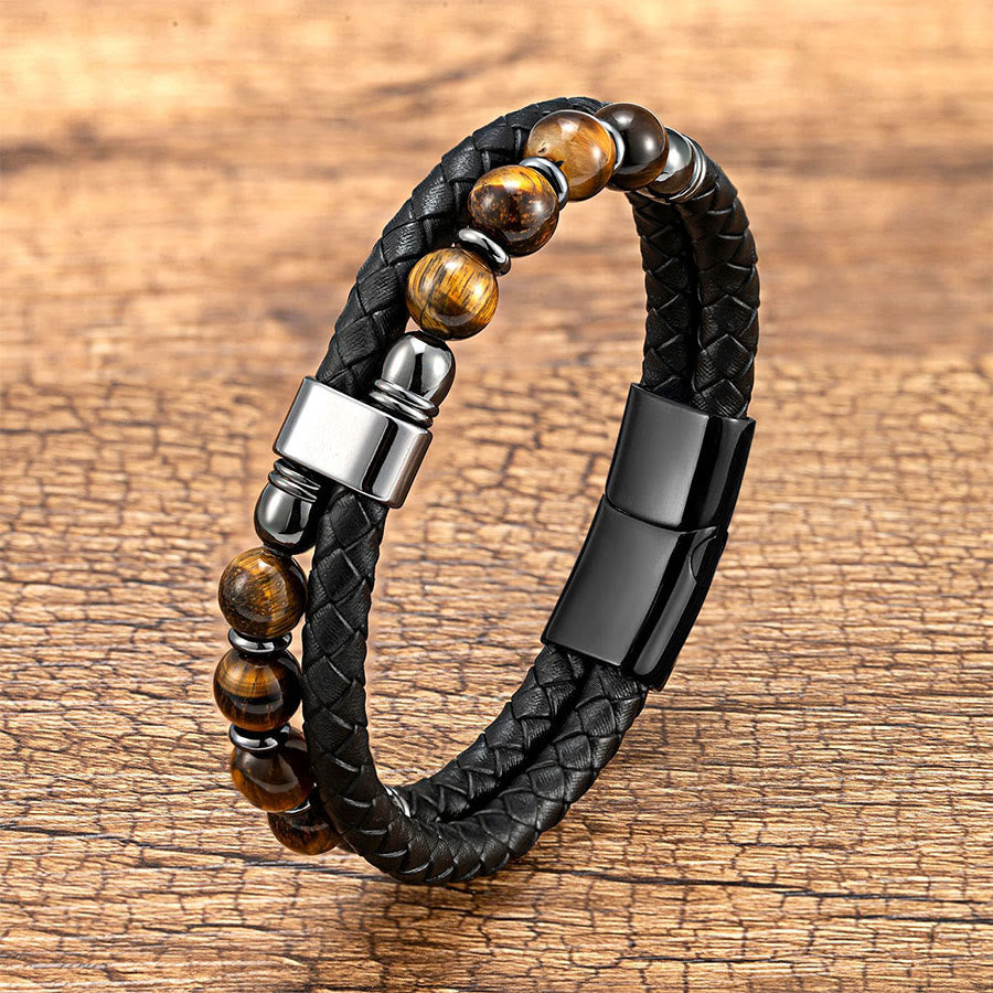 Olivenorma Casual Everyday Wear Braided Leather & Natural Stone Bracelet - Tiger Eye - 23cm - image 14