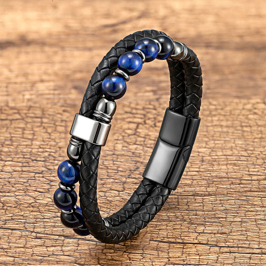 Olivenorma Casual Everyday Wear Braided Leather & Natural Stone Bracelet - Blue Tiger Eye - 23cm - image 15