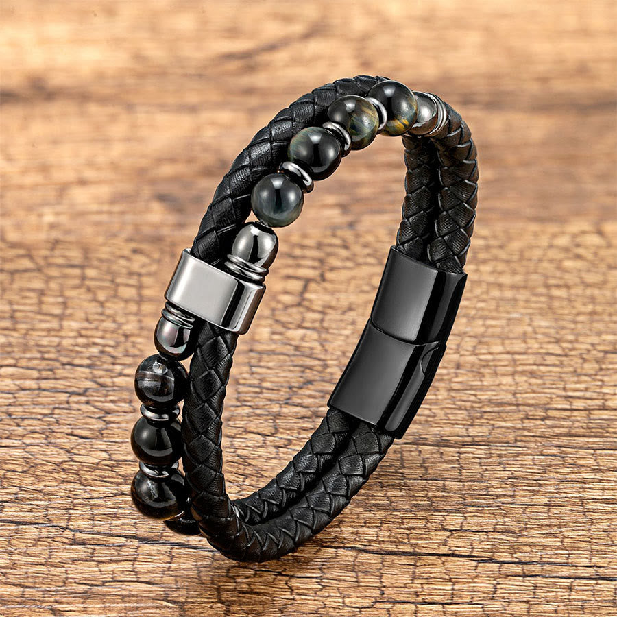Olivenorma Casual Everyday Wear Braided Leather & Natural Stone Bracelet - Hawk Eye - 23cm - image 13