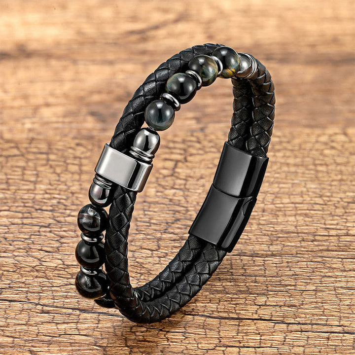 Olivenorma Casual Everyday Wear Braided Leather & Natural Stone Bracelet - Hawk Eye - 23cm - image 13