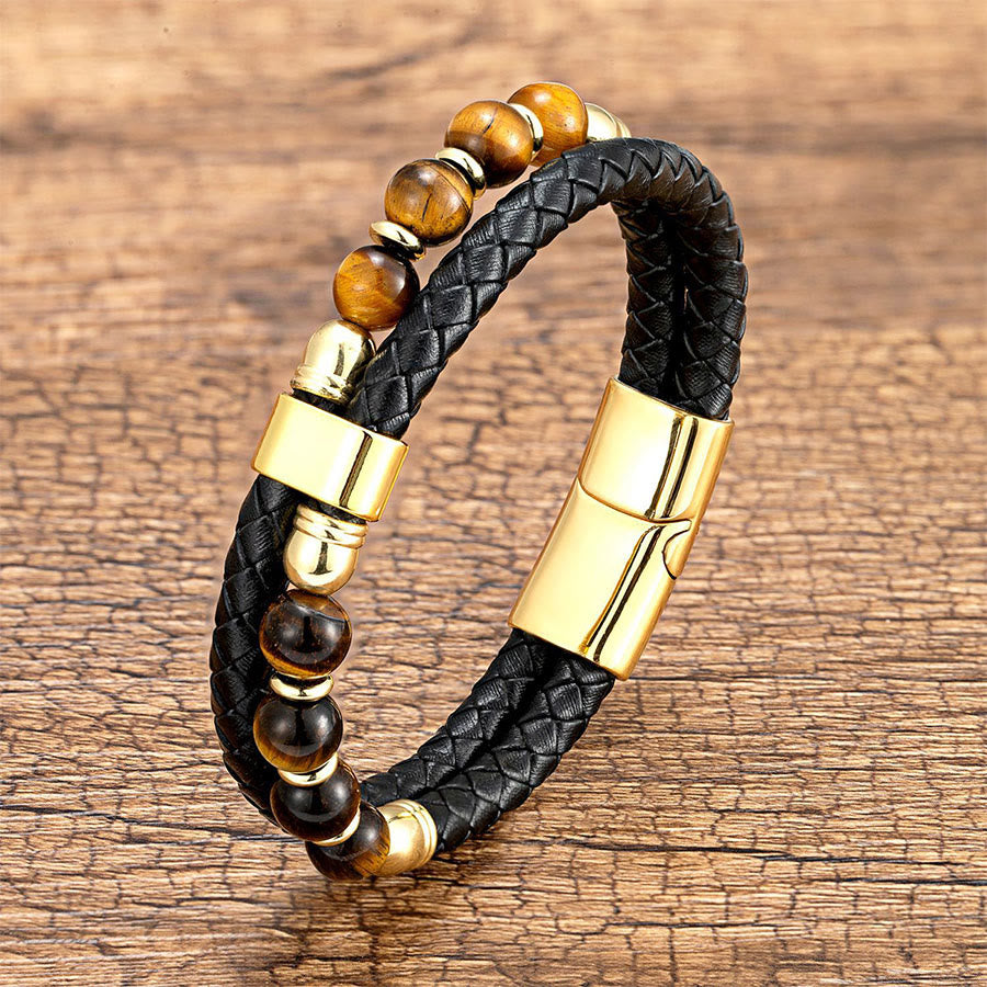 Olivenorma Casual Everyday Wear Braided Leather & Natural Stone Bracelet - Yellow Tiger Eye - 23cm - image 5