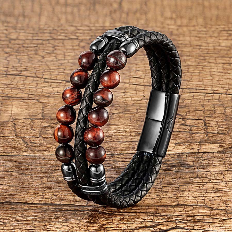 Olivenorma Double Braided Leather & Tiger Eye Natural Stone Beaded Stackable Bracelet - Red Tiger Eye - 23cm - image 7