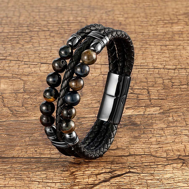 Olivenorma Double Braided Leather & Tiger Eye Natural Stone Beaded Stackable Bracelet - Nature Stone - 23cm - image 6