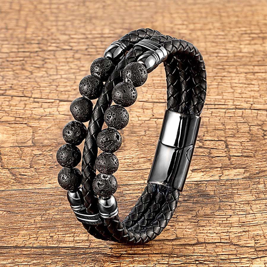 Olivenorma Double Braided Leather & Tiger Eye Natural Stone Beaded Stackable Bracelet - Lava Stone - 23cm - image 8