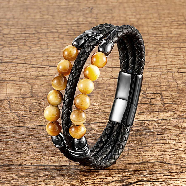 Olivenorma Double Braided Leather & Tiger Eye Natural Stone Beaded Stackable Bracelet - Yellow Tiger Eye - 23cm - image 3