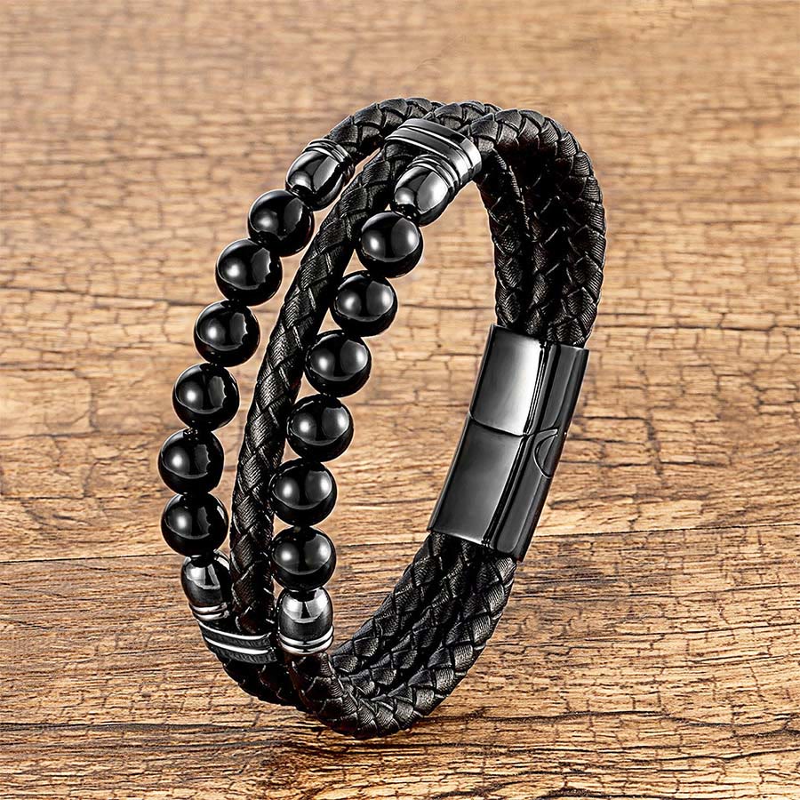 Olivenorma Double Braided Leather & Tiger Eye Natural Stone Beaded Stackable Bracelet - Black Onyx - 23cm - image 10