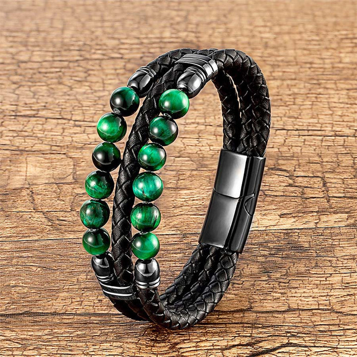 Olivenorma Double Braided Leather & Tiger Eye Natural Stone Beaded Stackable Bracelet - Green Tiger Eye - 23cm - image 11
