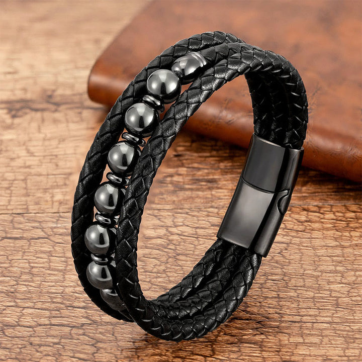Olivenorma Premium Quality Braided Leather & Nature Stone Magnetic Clasp Bracelet - Hematite - 23cm - image 14