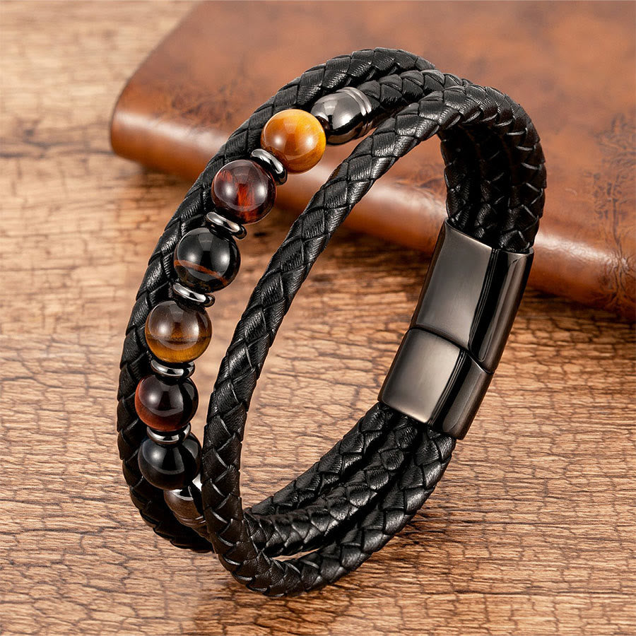 Olivenorma Premium Quality Braided Leather & Nature Stone Magnetic Clasp Bracelet - Mixed Tiger Eye - 23cm - image 5