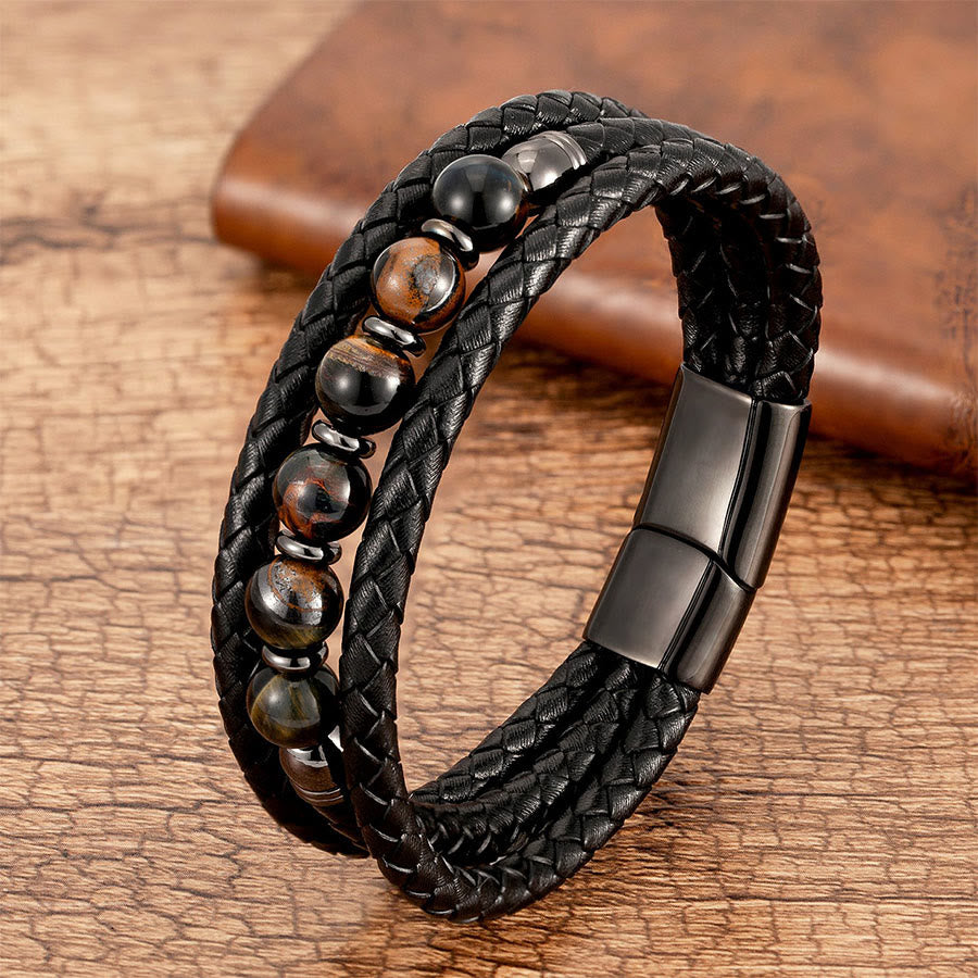 Olivenorma Premium Quality Braided Leather & Nature Stone Magnetic Clasp Bracelet - Multi-Tone Tiger Eye - 23cm - image 4