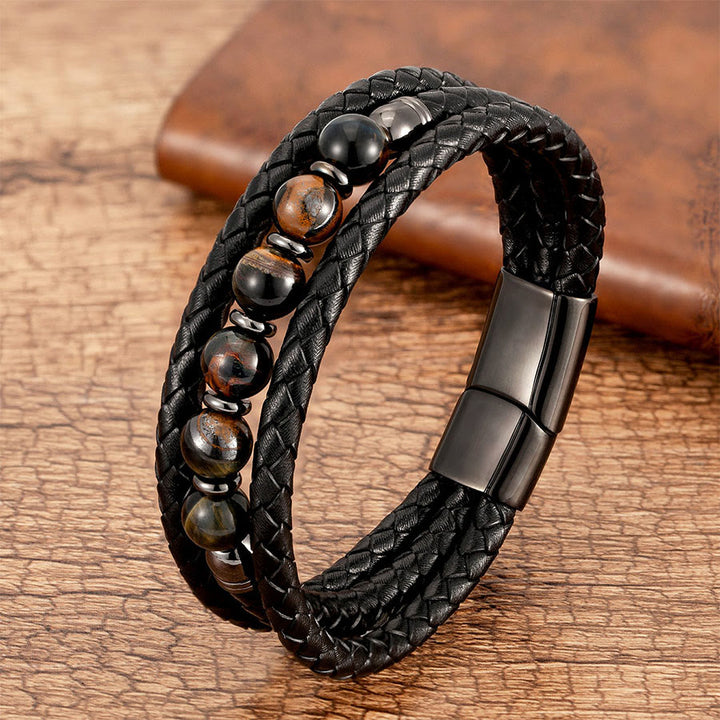 Olivenorma Premium Quality Braided Leather & Nature Stone Magnetic Clasp Bracelet - Multi-Tone Tiger Eye - 23cm - image 4