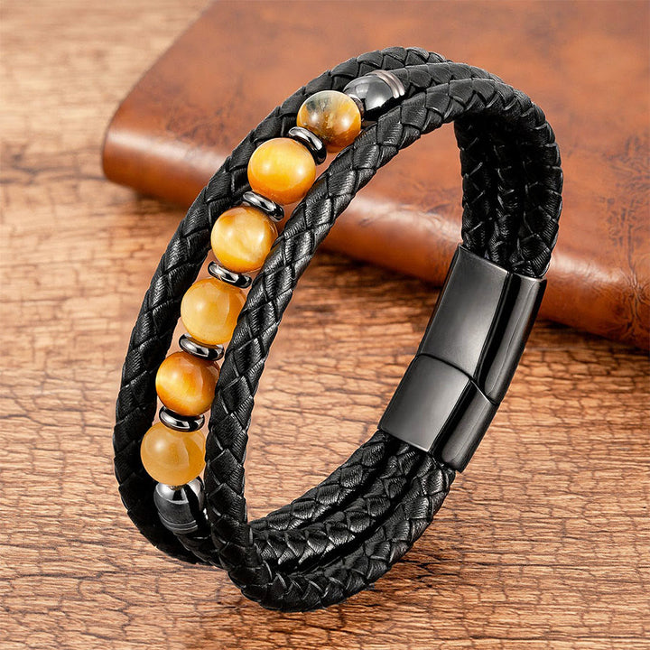 Olivenorma Premium Quality Braided Leather & Nature Stone Magnetic Clasp Bracelet - Yellow Tiger Eye - 23cm - image 19