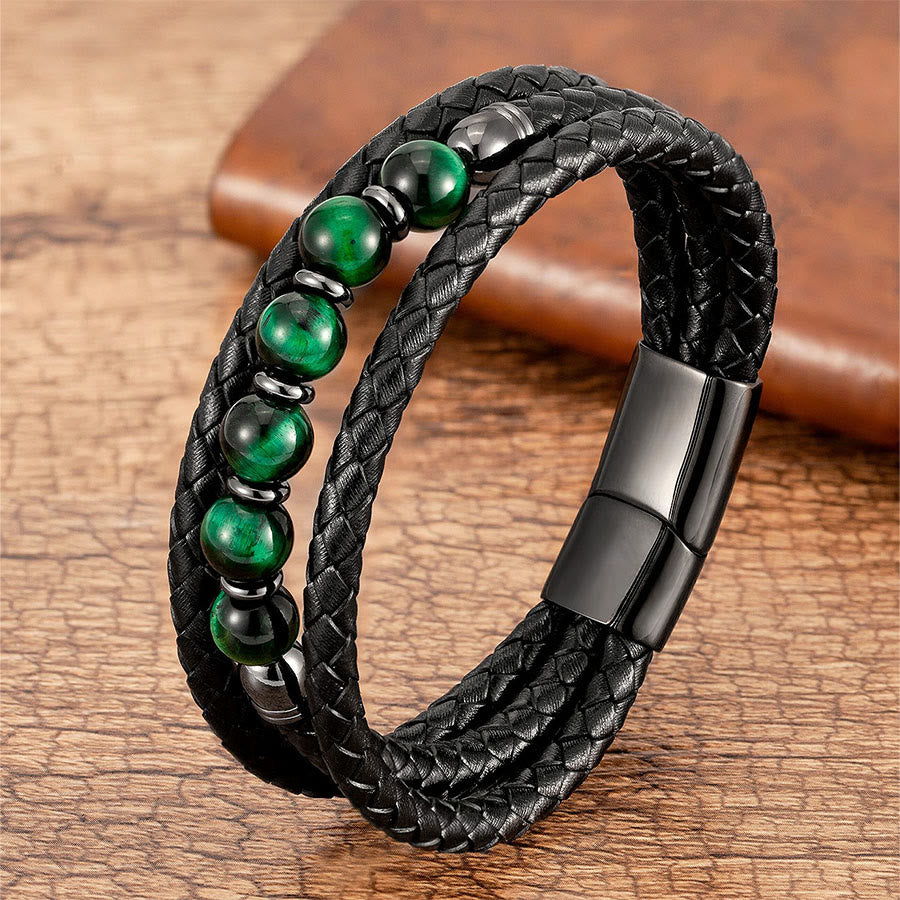 Olivenorma Premium Quality Braided Leather & Nature Stone Magnetic Clasp Bracelet - Green Tiger Eye - 23cm - image 17